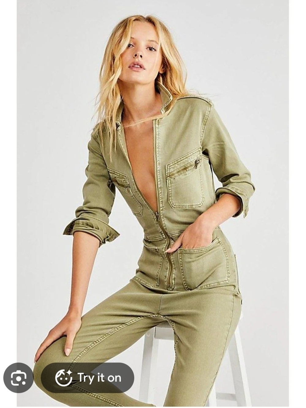 Free People Lennox Olive Utility Zip Jumpsuit W/pockets. Size Small